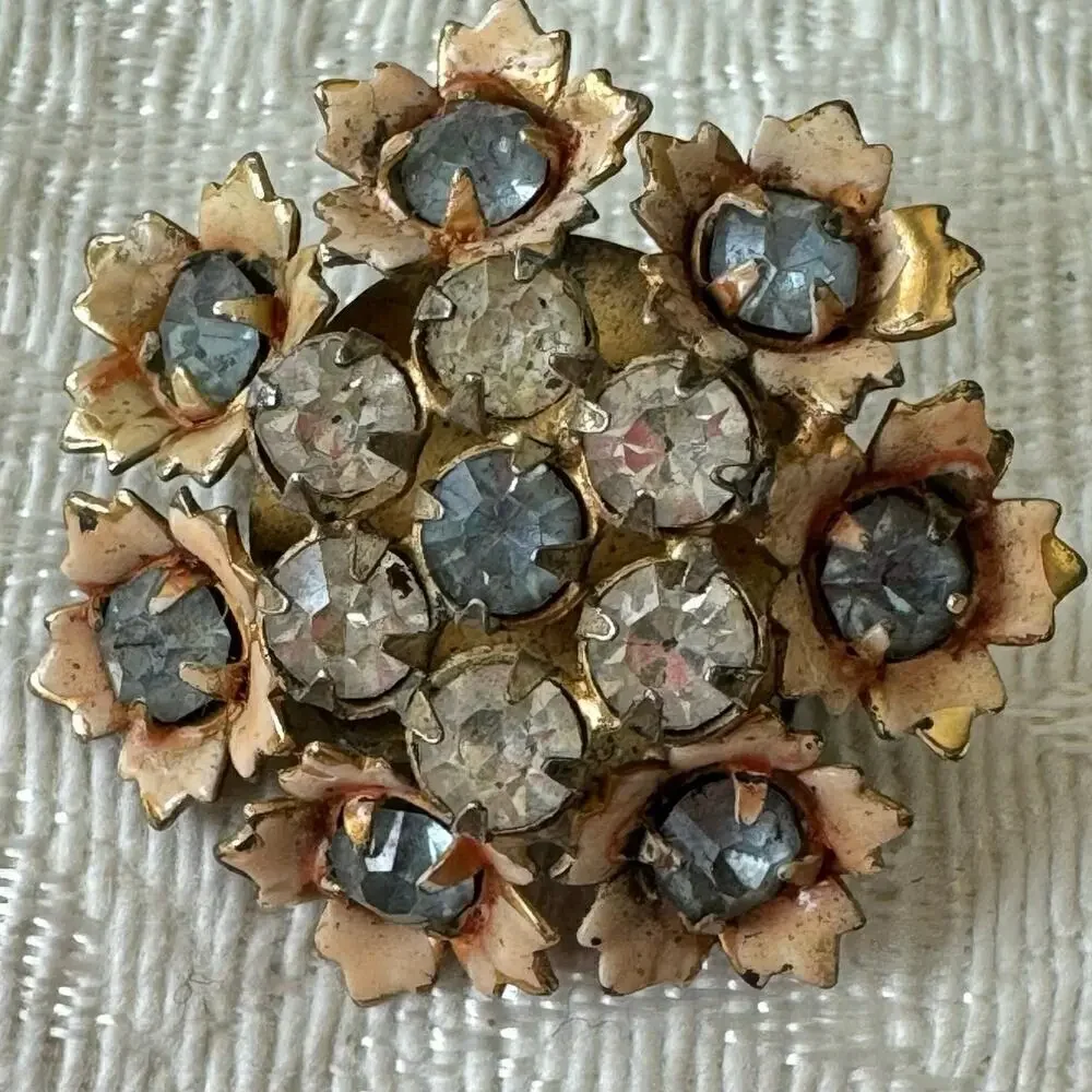 1940’s SANDOR Signed Small Antique Flower Brooch Sea Blue and Clear Rhinestones
